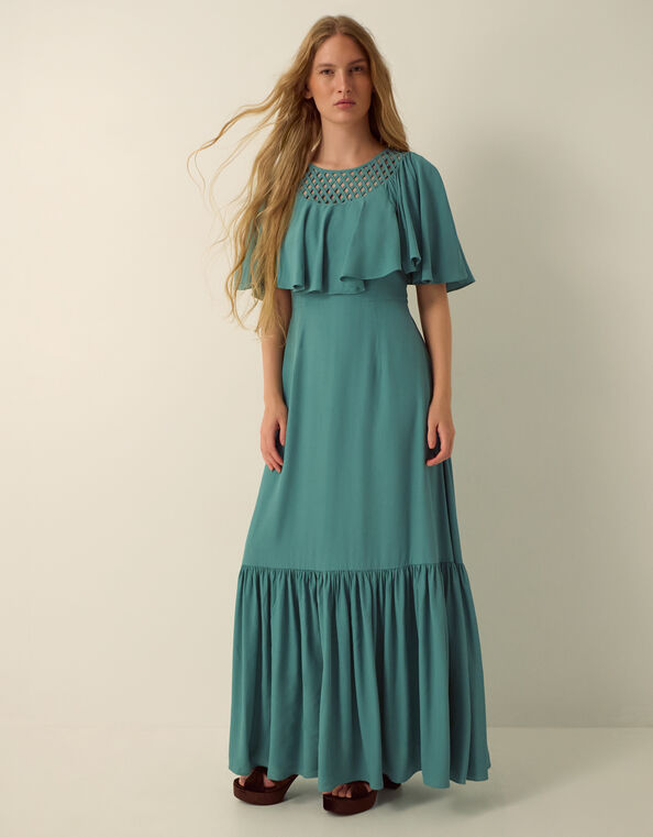 Monsoon x Queens of Archive Sophia Lattice Cape Sleeve Maxi Dress, Blue (BLUE), large