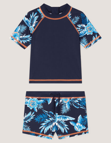 Tropical Print Rash Vest & Swim Shorts , Blue (NAVY), large