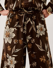 Esther Floral Linen Blend Wide Leg Trousers, Brown (CHOCOLATE), large