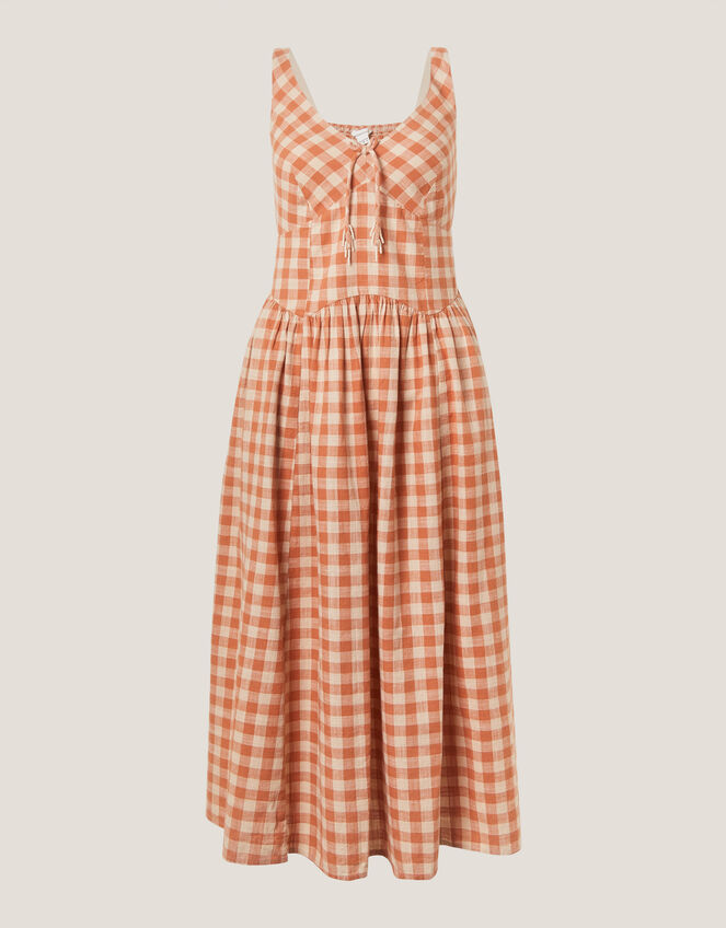 Hattie Sleeveless Gingham Midi Dress, Orange (CORAL), large
