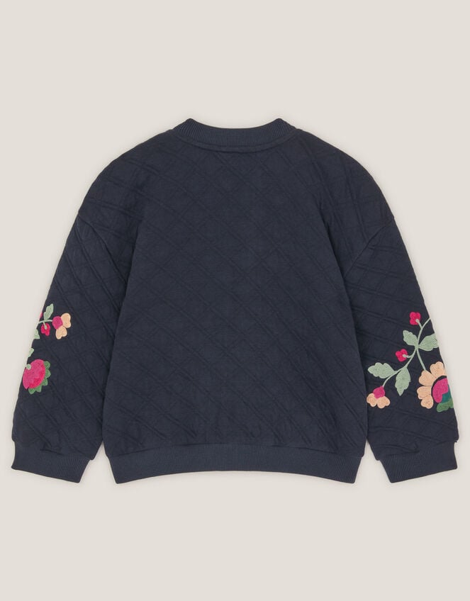 Floral Embroidered Quilted Bomber Jacket, Blue (NAVY), large