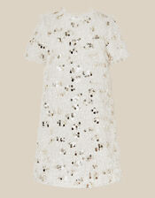 Frankie Short Sleeve Sequin Fringe Party Dress, White (WARM IVORY), large