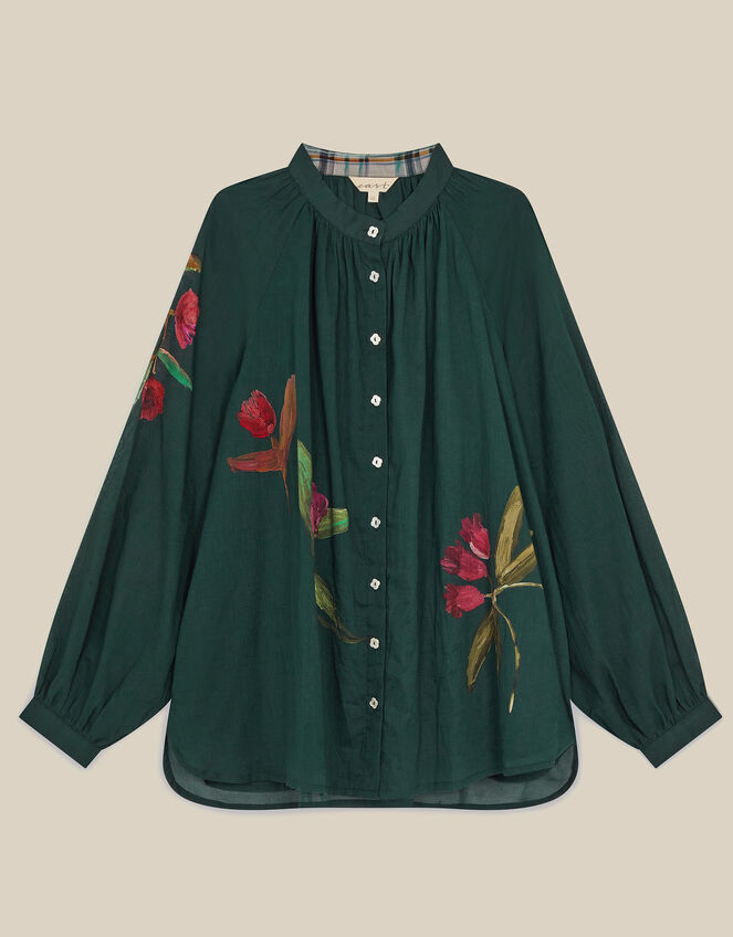 East Freddie Hand-Painted Floral Print Shirt , Green (DARK GREEN), large
