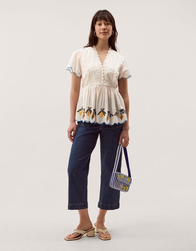 Luna Lemon Embroidered Jersey Top, Ivory (IVORY), large