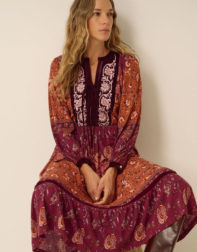 Hunter Floral Print Jersey Midi Dress, Red (BURGUNDY), large