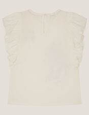 Embroidered Unicorn Ruffle T-Shirt, Ivory (IVORY), large