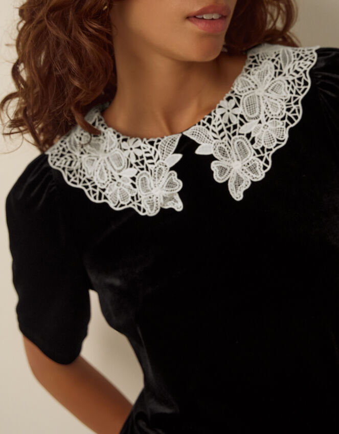 Lenora Lace Collar Velvet Top, Black (BLACK), large