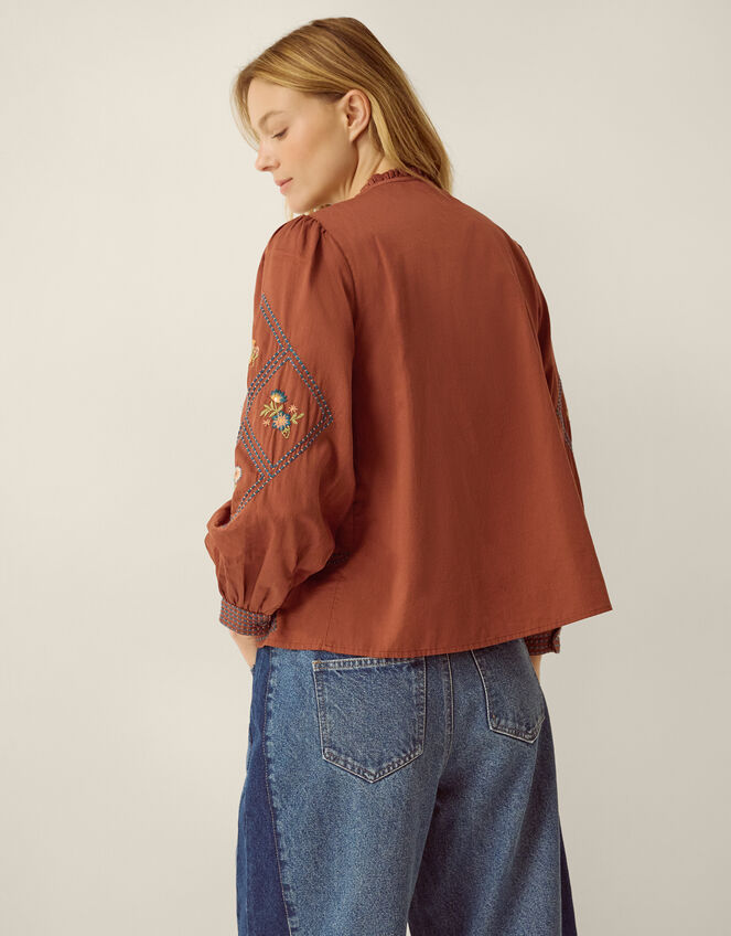 Sadie Embroidered Pintuck Blouse, Orange (RUST), large