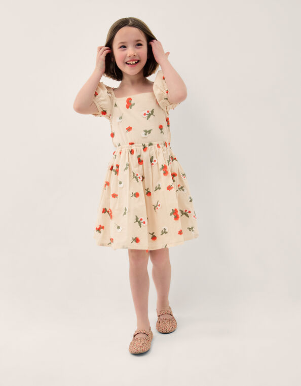 Puff Sleeve Floral Embroidered Dress, Ivory (IVORY), large