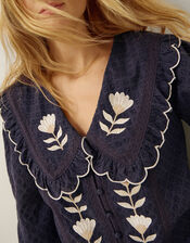 Talia Tulip Embroidered Scallop Collar Top, Blue (NAVY), large
