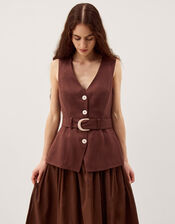 Margot Belted Linen Blend Midi Dress, Brown (CHOCOLATE), large