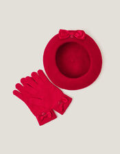 Bow Wool Beret & Gloves Set, Red (RED), large