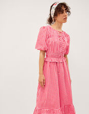 Mel Puff Sleeve Gingham Midi Dress, Red (RED), large