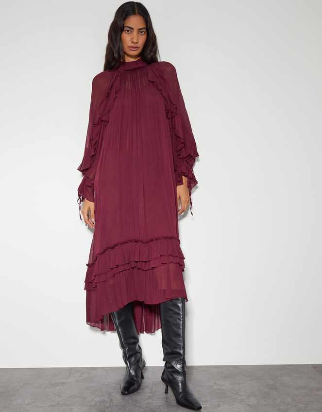 Kelly Long Sleeve Ruffle Midi Dress, Red (BERRY), large