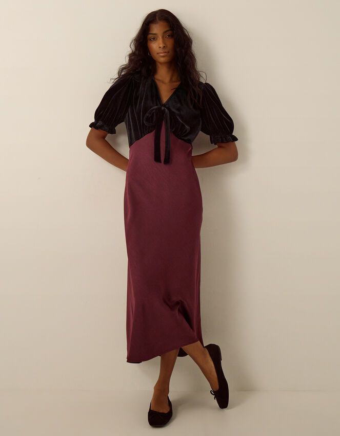 Fiona Puff Sleeve Velvet Satin Midi Dress, Red (WINE), large