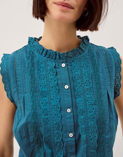 Trish Sleeveless Broderie Frill Top, Teal (TEAL), large