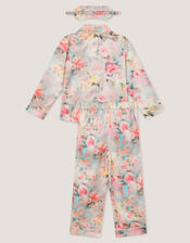 Floral Print Satin Long Pyjama & Eye Mask Set, Multi (MULTI), large