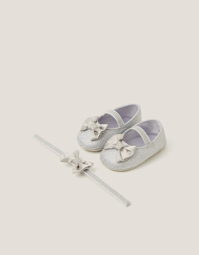 Baby Bow Glitter Booties & Headband Set, Silver (SILVER), large