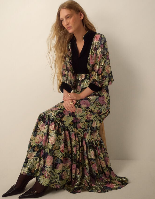 Monsoon x Queens of Archive Patti Velvet Bib Metallic Floral Jacquard Maxi Dress​, Black (BLACK), large