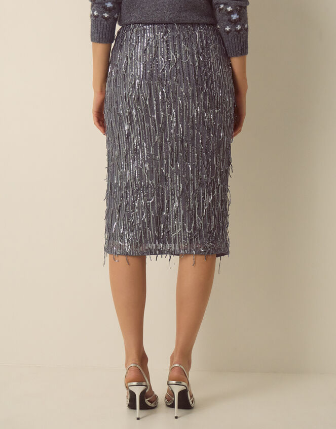 Samie Sequin Fringe Pencil Skirt, Dark Silver (GUNMETAL), large
