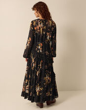 Clemence Margaux Long Sleeve Contrast Frill Floral Print Maxi Dress, Black (BLACK), large
