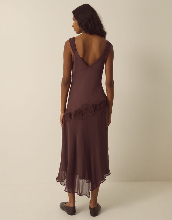 Ruby Sleeveless Asymmetrical Floral Embroidered Midi Dress, Brown (CHOCOLATE), large
