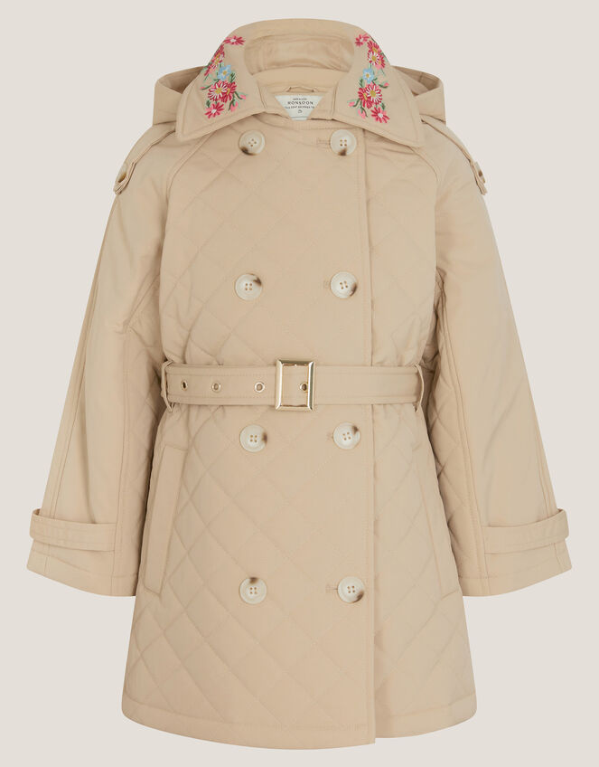 Embroidered Quilted Trench Coat, Cream (CREAM), large