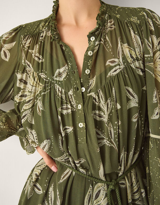 Leona Print Long Sleeve Midi Dress, Green (KHAKI), large