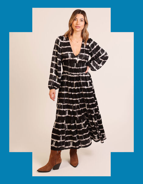 Traffic People Whispers Tie Dye Midi Dress, Black (BLACK), large