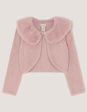 Faux Fur Collar Cardigan, Pink (DUSKY PINK), large