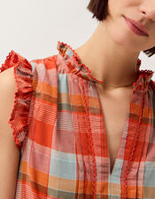 Cecily Checkered Tiered Midi Dress, Orange (ORANGE), large