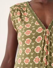 Maddie Sleeveless Floral Print Romper, Green (KHAKI), large