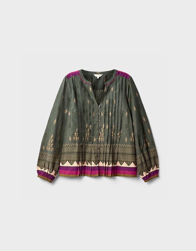 East Apate Printed Cotton Top, Green (KHAKI), large