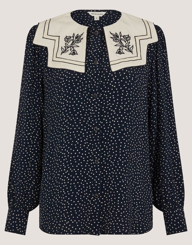 Ivy Embroidered Collar Polka Dot Blouse, Blue (NAVY), large