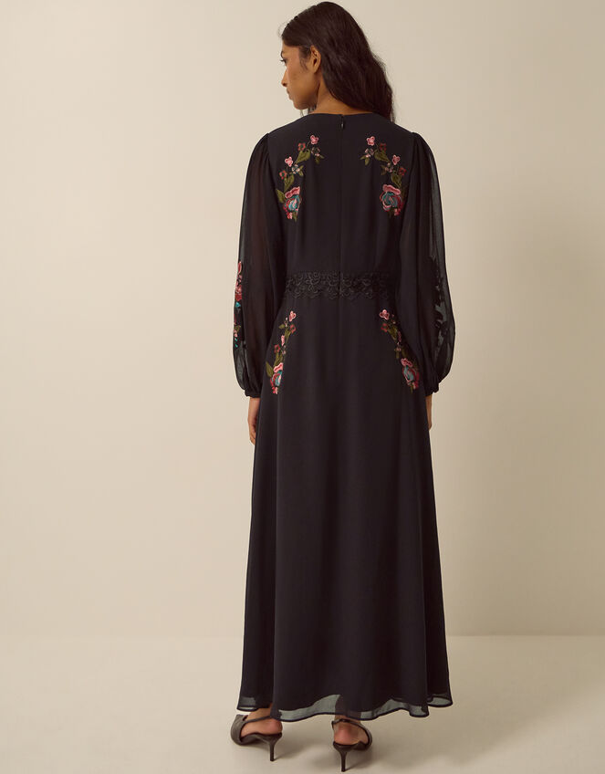 Margot Long Sleeve Floral Embroidered Midi Dress, Black (BLACK), large