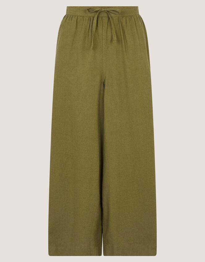 Maisie Linen Blend Cropped Wide Leg Trousers, Green (KHAKI), large