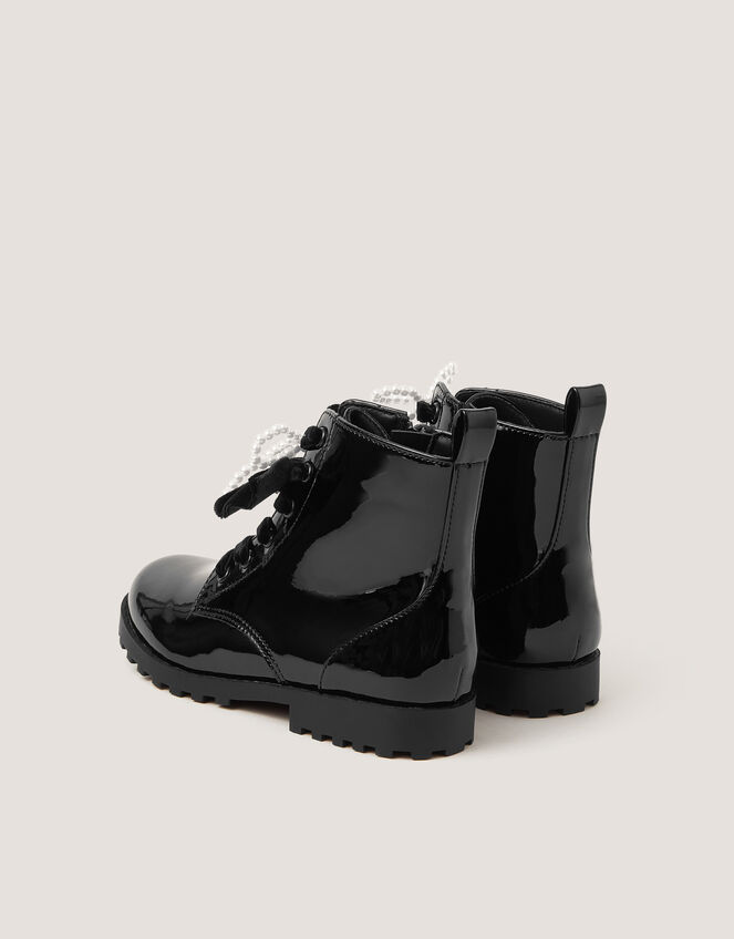 Bow Patent Lace-Up Boots, Black (BLACK), large