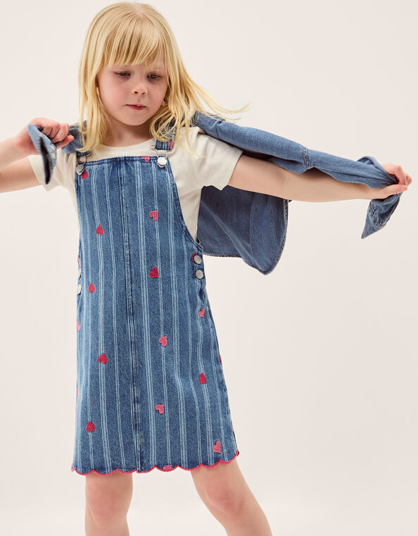 Embroidered Heart Pinafore Denim Dress , Blue (BLUE), large