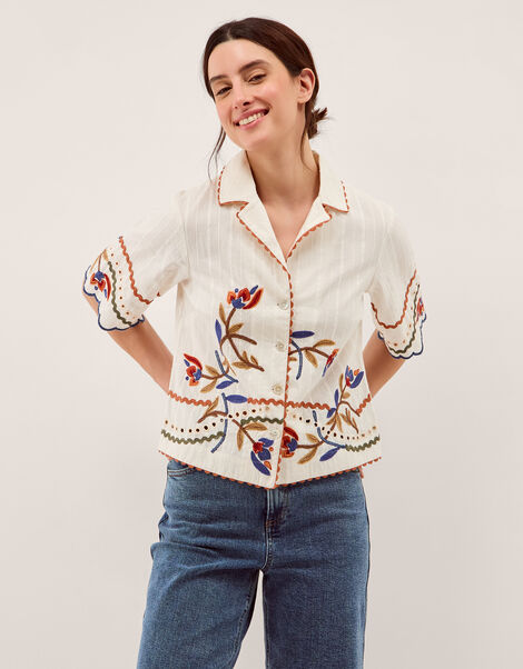 Polly Floral Embroidered Shirt, White (WHITE), large