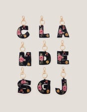 Floral Embroidered Initial Keyring, Black (BLACK), large