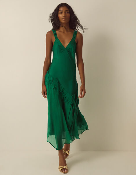 Ruby Sleeveless Asymmetrical Floral Embroidered Midi Dress, Green (GREEN), large