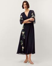 Clara Floral Embellished Midi Wrap Dress, Blue (NAVY), large