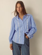 Felicity Long Sleeve Embroidered Cotton Shirt, Blue (BLUE), large