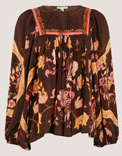 Samara Balloon Sleeve Floral Blouse, Brown (CHOCOLATE), large