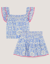 Batik Print Ruffle Top & Skirt Set, Blue (NAVY), large