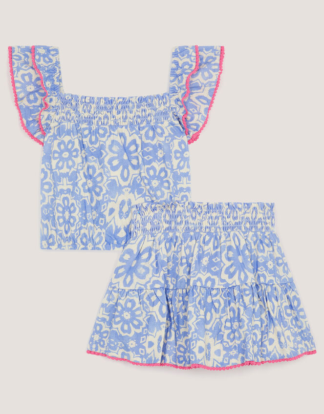Batik Print Ruffle Top & Skirt Set, Blue (NAVY), large