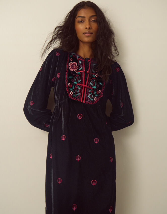 Agnes Long Sleeve Embroidered Velvet Midi Dress, Black (BLACK), large