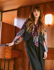 One Hundred Stars Crane Print Pussybow Blouse, Purple (PLUM), large