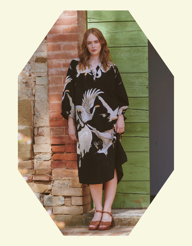 One Hundred Stars Stork Print Midi Dress, Black (BLACK), large