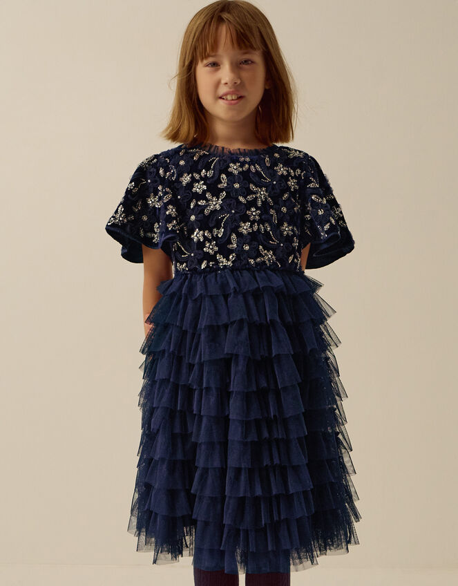 Shikha Bead Embellished Ruffle Party Dress, Blue (NAVY), large